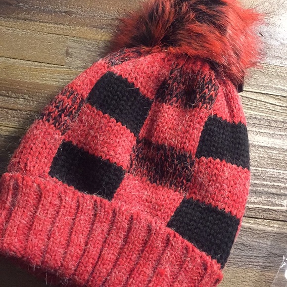 Natasha Buffalo Red Plaid Pom Pom Faux Fur Beanie - Picture 2 of 8